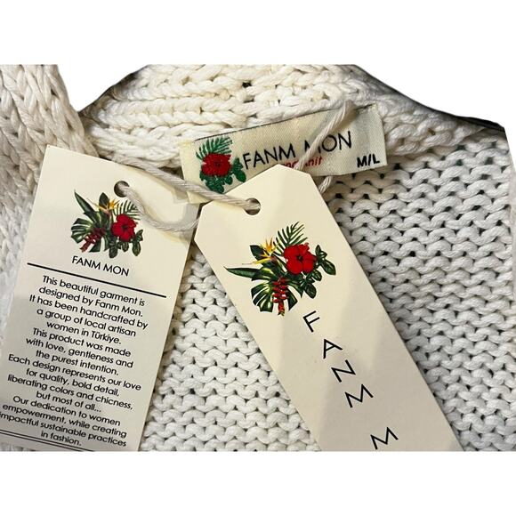 Fanm Mon Hand Knit Blue Rose Cardigan Cotton Sweater | Womens M L NEW - Picture 9 of 15